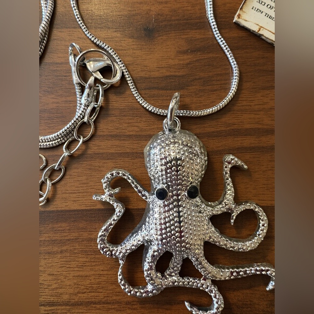 Shiny Silver Toned Octopus Pendant Necklace with Rhinestone Eyes - Picture 8 of 17
